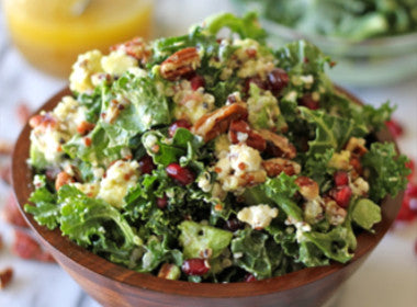 alkaline super salad with kale, quinoa, avocado, pomegranate