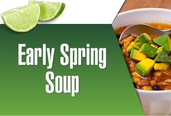 Early spring soup with quinoa, garbanzo beans, zucchini, squash, and avocado