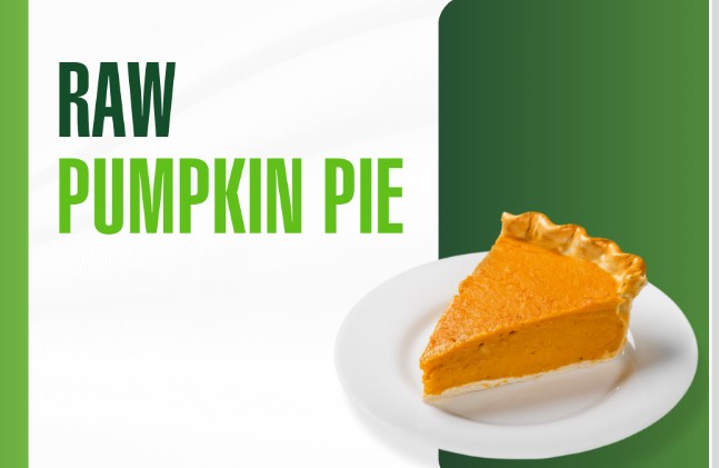 Raw pumpkin pie slice with almond crust and spiced pumpkin filling