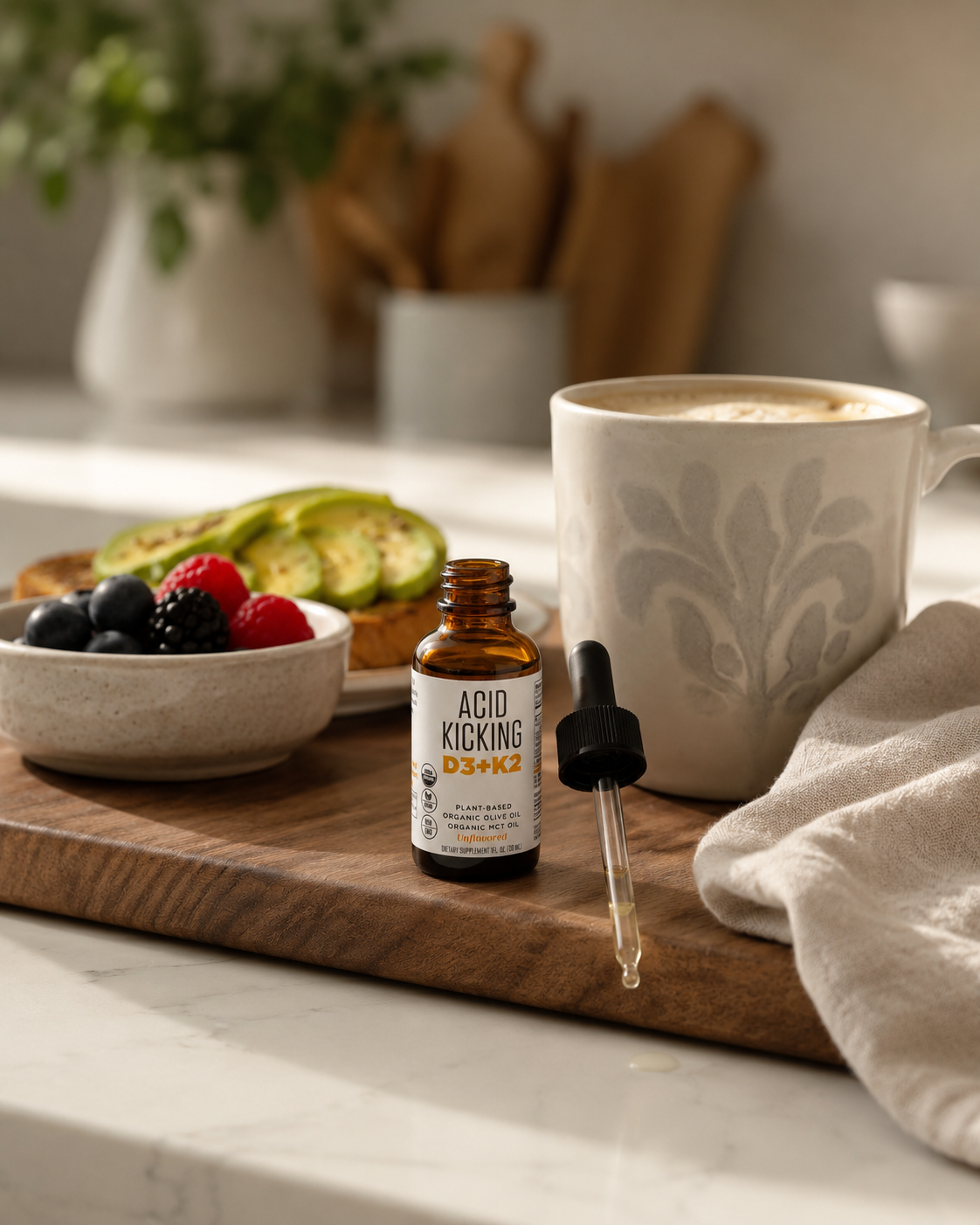 Doctor formulated Vitamin D3 and Vitamin K2 provide comprehensive support for healthy bones, calcium metabolism, cardiovascular function, immune health, muscle strength, and longevity. Vitamin D3 helps your body absorb calcium efficiently, while Vitamin K2 ensures calcium is delivered to your bones instead of accumulating in arteries and other soft tissues.